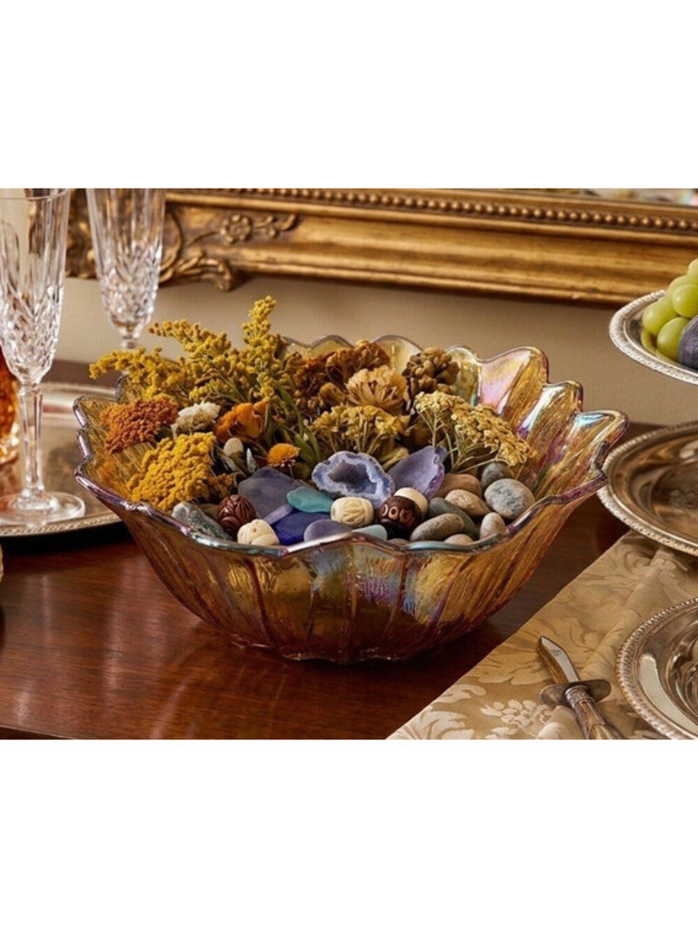 Vintage Amber Carnival Glass Scalloped Fruit Bowl - Iridescent Floral Shell Dish